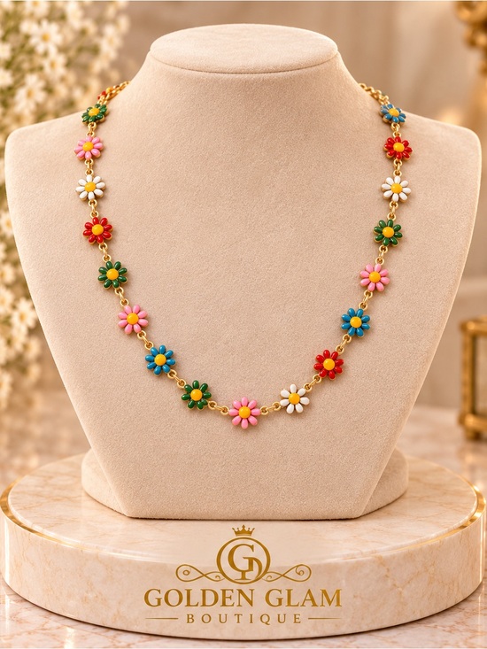 Jewelry - Colorful Daisy Flower Gold-Tone Chain Necklace